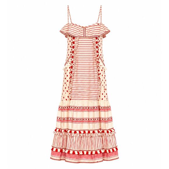 Dodo Bar Or Dresses & Skirts - DODO BAR Tan & Red Stripe Polka Dot Ruffle Fringe Maxi Boho Resort Dress S